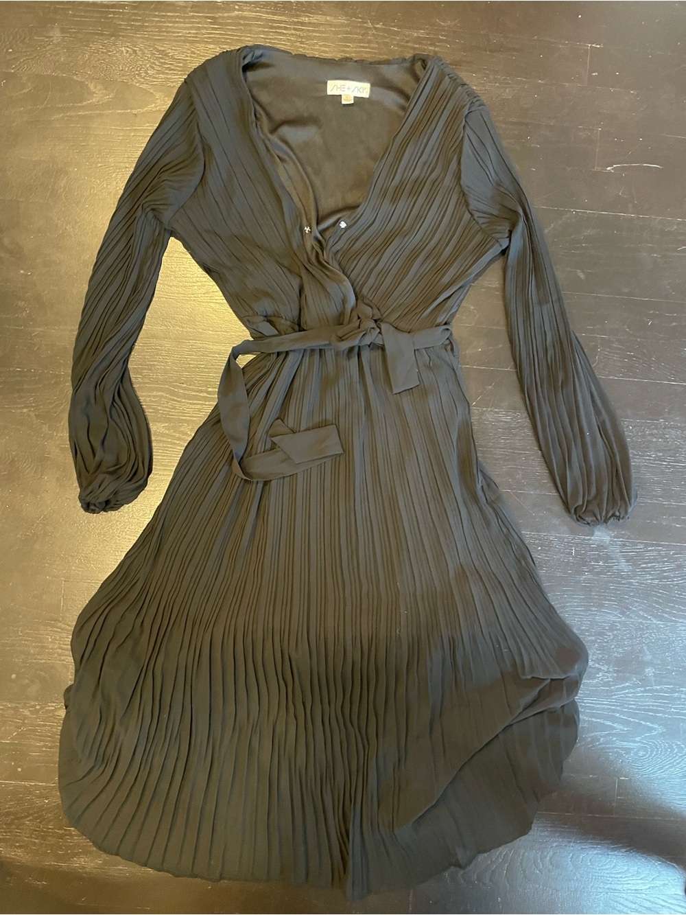 Black Pleated Long-Sleeve Wrap Dress